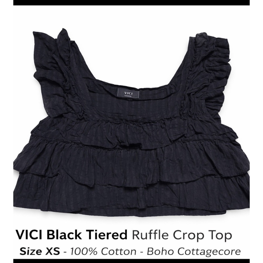 VICI Black Tiered Ruffle Crop Top Sz XS 100% Cotton Boho Cottagecore